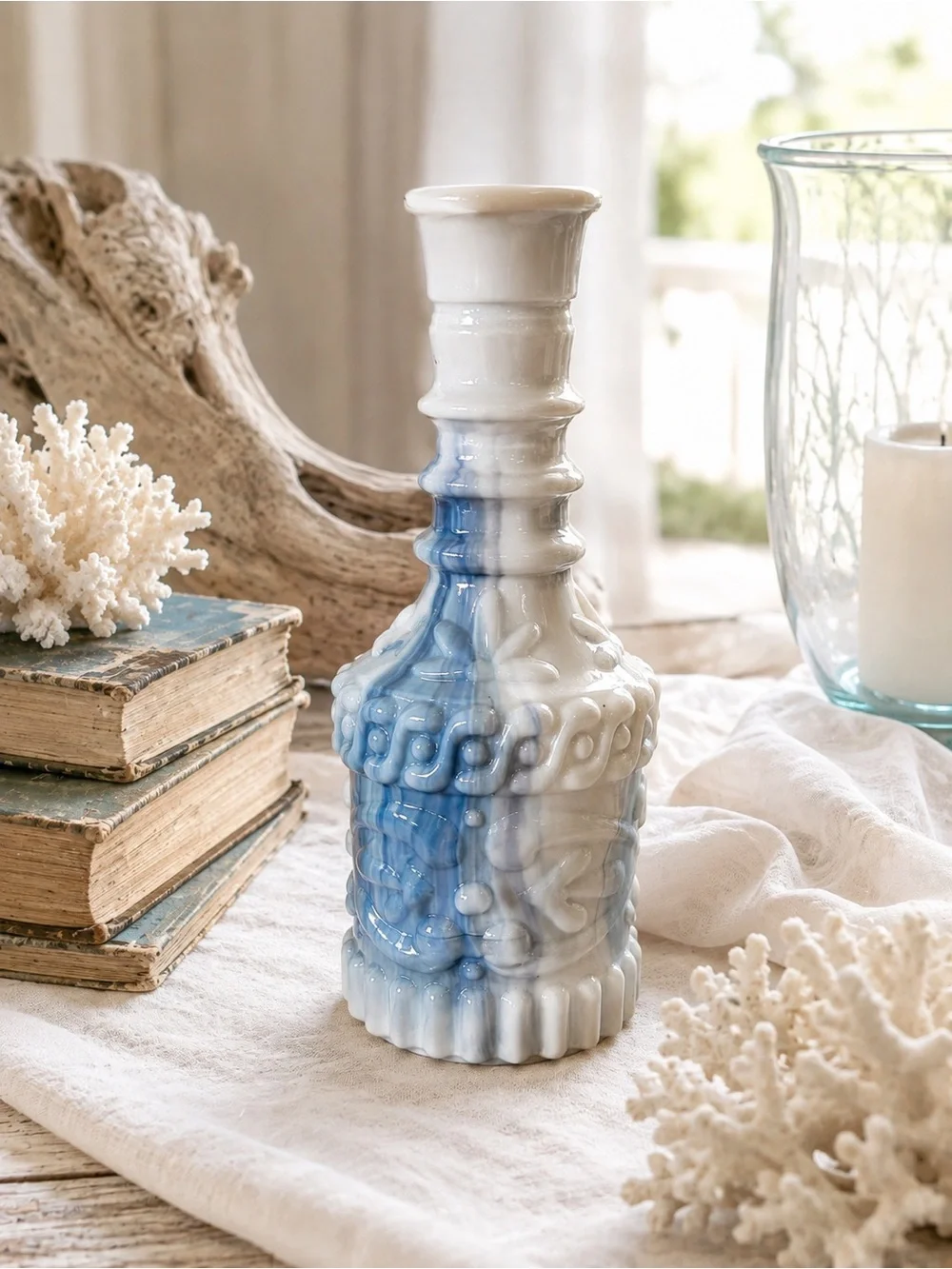 Vintage Blue Slag Glass Liquor Decanter | Cottagecore French Country Bar Decor